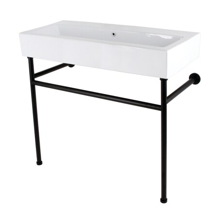 Kingston Brass 39 Porcelain Console Sink with Stainless Steel Legs, WhiteMatte Black VPB3917H0ST